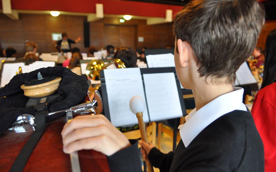 Percussionist Malcolm Watts of Menwith Hill gets some playing time Tuesday, March 24, 2015, at the annual DODDS-Europe Honors Music Festival in Oberwesel, Germany.