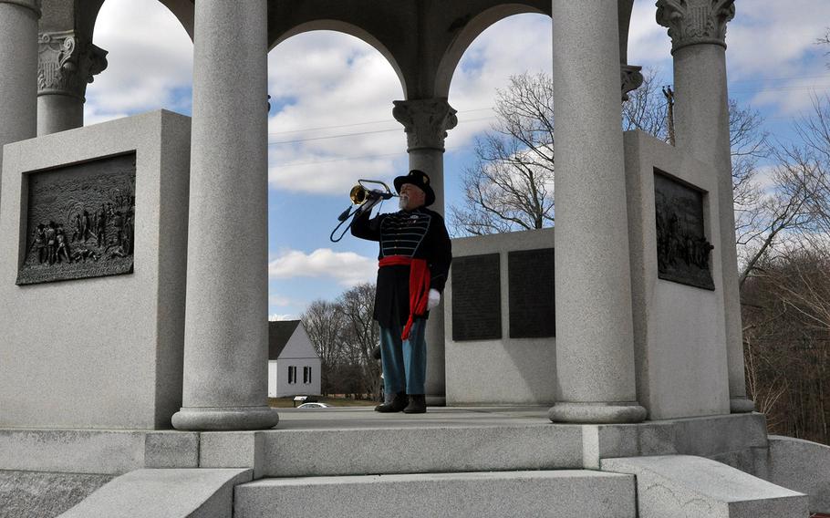 Bugler Paul McMillon of the Gettysburg Blues, Sons of Union Veterans of the Civil War, plays taps Saturday at ceremonies honoring the 20 Union soldiers awarded the Medal of Honor at the Battle of Antietam. The ceremony also paid respects to all those Union and Confederate soldiers who lost their lives at Antietam.
                