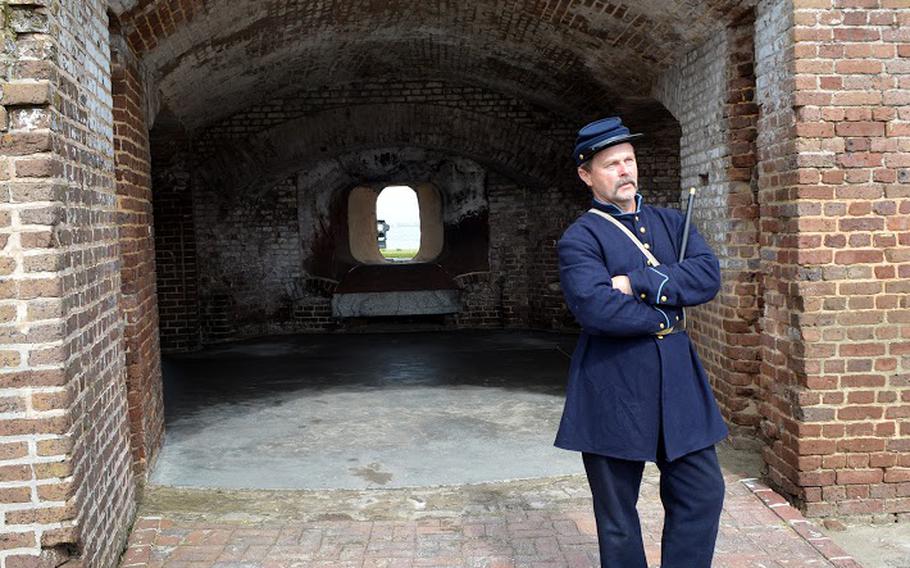 A reenactor inside Fort Sumter on April 14, 2015. He was participating in events that marked the 150th anniversary of the re-raising of the American flag over the fort at the end of the Civil War.