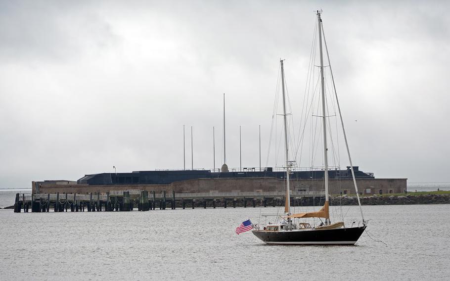 A ship sails in front of Fort Sumter on April 14, 2015.