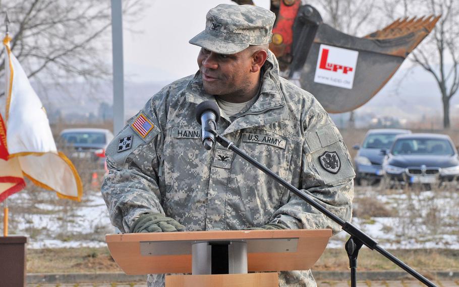 German and American officials break ground to launch the start of construction of the new exchange in Hainerberg housing in Wiesbaden, Germany, Feb. 22, 2013.