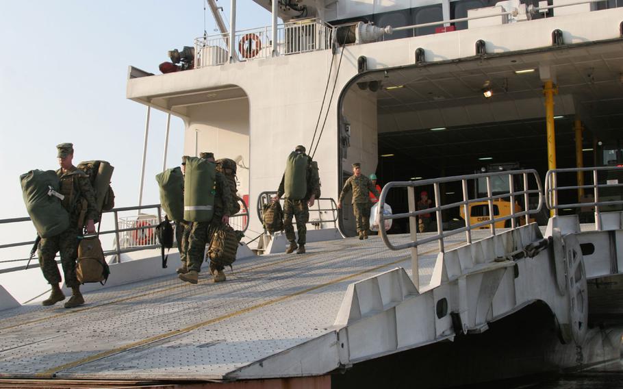 Marines participate in an exercise in 2012 at Naha Military Port in Okinawa..
