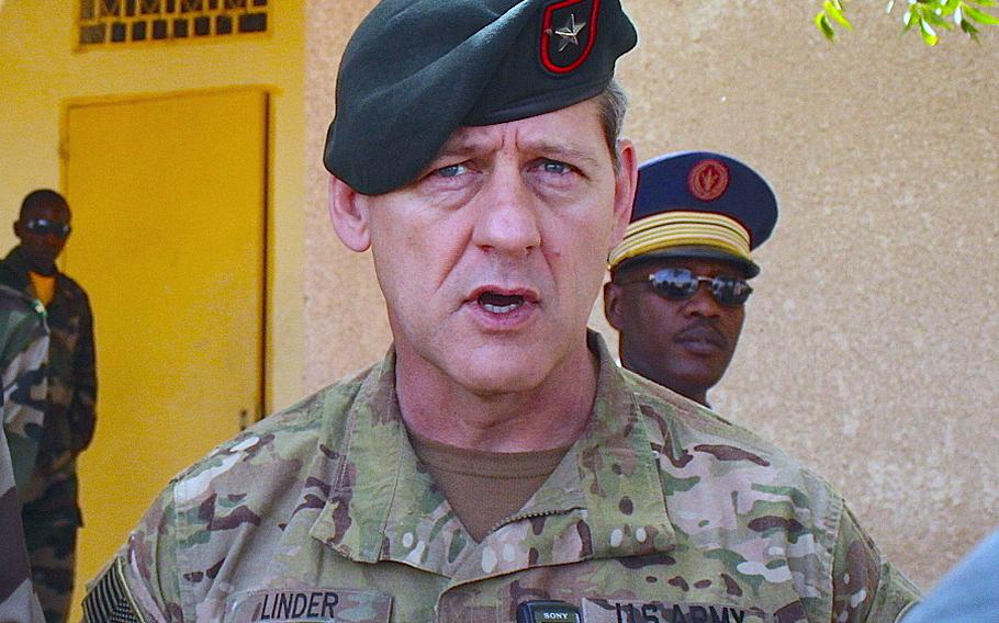 Then Brig. Gen. James B. Linder, commander of Special Operations Command Africa, answers questions in Diffa, Niger, on March 8, 2014.