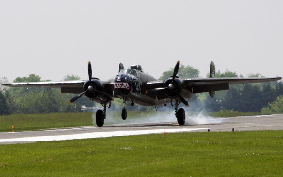 A pilot lands his plane at the Culpeper Regional Airport Thursday, May 7, during the preview for the Arsenal of Democracy: World War II Victory Capitol Flyover.