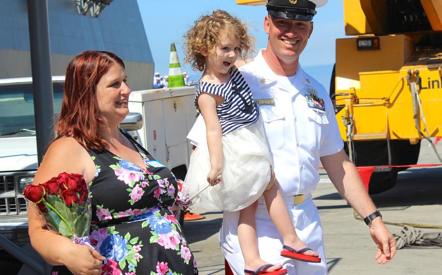 Chief Petty Officer James Payne was the 1st USS Sampson sailor to get a kiss from his family — specifically, his youngest daughter, 3-year-old Julianna — when the ship returned from a 7-month deployment Monday morning, June 1, 2015. His wife, Chandie, and their other 2 daughters, 14-year-old Vanessa and 10-year-old Alexis, said they were very excited to welcome him home.