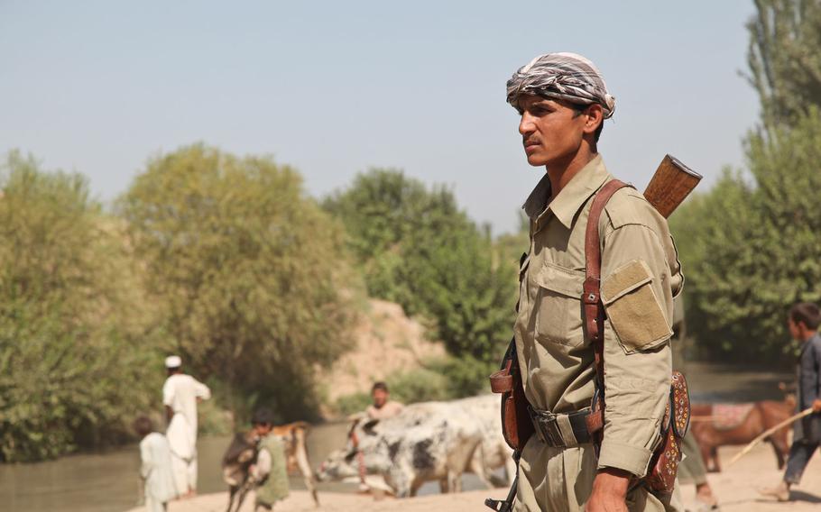 An Afghan Local Police stands guard as Afghan National Army Special Forces medics provide preventative medicinal care to village livestock in Archi District, Kunduz Province, 25 July, 2013. 