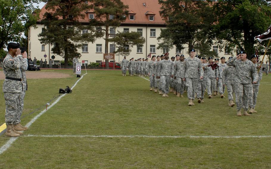 Warrior Transition Battalion-Europe, commanded by Lt. Col. Lawrence Burns, passing in review during the Landstuhl Regional Medical Center change of command ceremony, May 29, 2015 at Landstuhl, Germany.