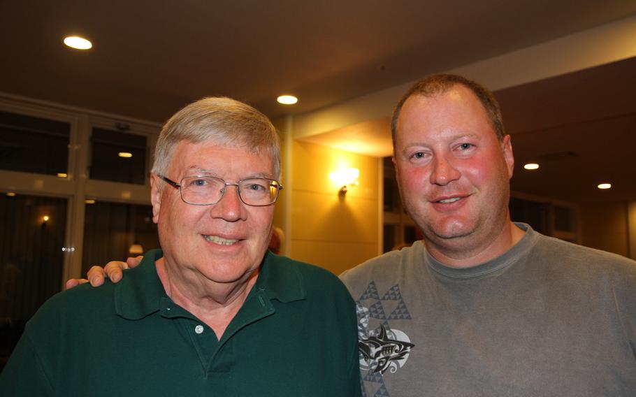 Paul Ogle, left, and his son Darren, came to Okinawa for the first time to attend this year's Irei no Hi ceremony, held Tuesday at the Okinawa Peace Memorial Park in Itoman. The ceremony commemorated the 70th anniversary of the Battle of Okinawa. Paul's father, also named Paul, was killed in the battle by a Japanese sniper. 