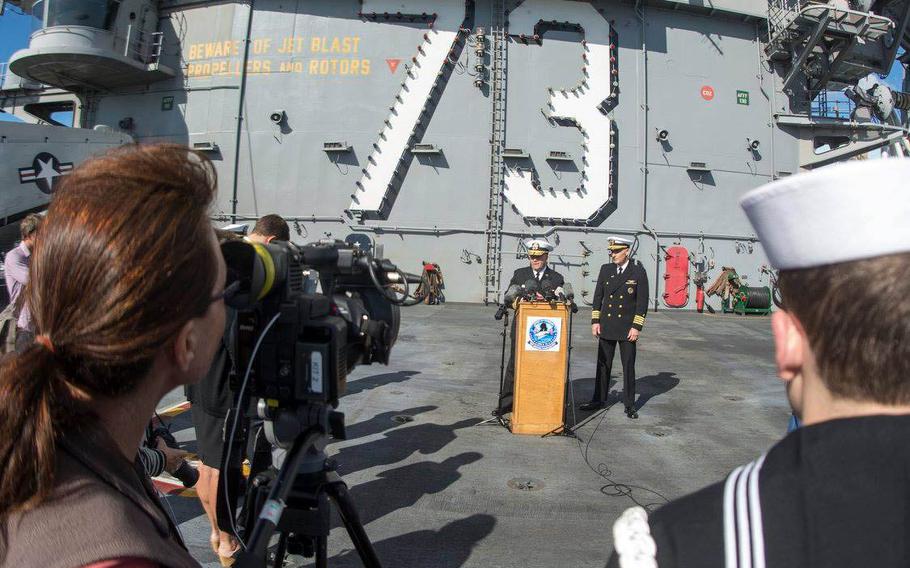 Rear Adm. John Alexander speaks with reporters after aircraft carrier USS George Washington’s arrival last week in Brisbane, Australia, for a goodwill port visit ahead of Talisman Saber 2015.
