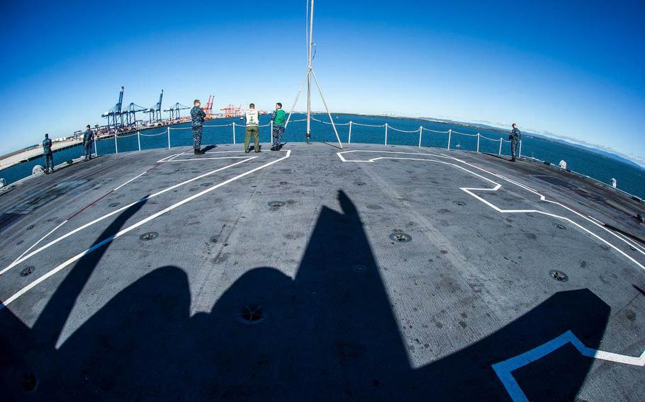 The USS George Washington prepares for a port visit in Brisbane, Australia, last week ahead of Talisman Saber 2015. The joint military exercise, which runs July 4-19 on land, sea and air, is designed to enhance bilateral collaboration in support of future combined operations, natural disasters and humanitarian emergency response, a Marine Corps statement said.