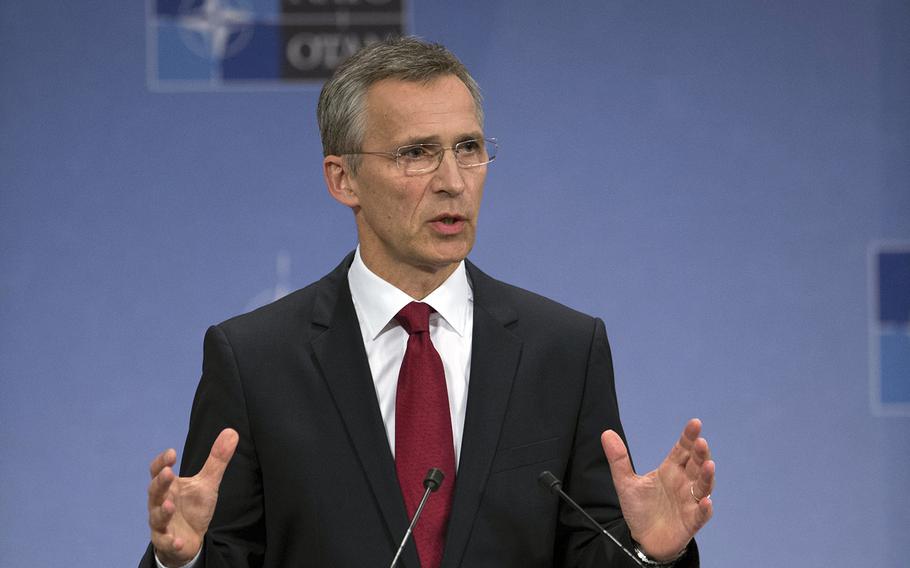NATO Secretary General Jens Stoltenberg previews upcoming meeting of NATO Defence Ministers during a press conference given at NATO headquarters in Brussels, Belgium, Monday, June 22, 2015. On Tuesday, Stoltenberg rejected Moscow's assertion that a recent Turkish airspace violation by a Russian fighter jet was an accident.