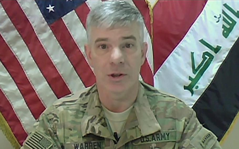 A video screen grab shows Operation Inherent Resolve Spokesman, Army Col. Steve Warren briefing the Pentagon Press Corps on Oct. 21, 2015.