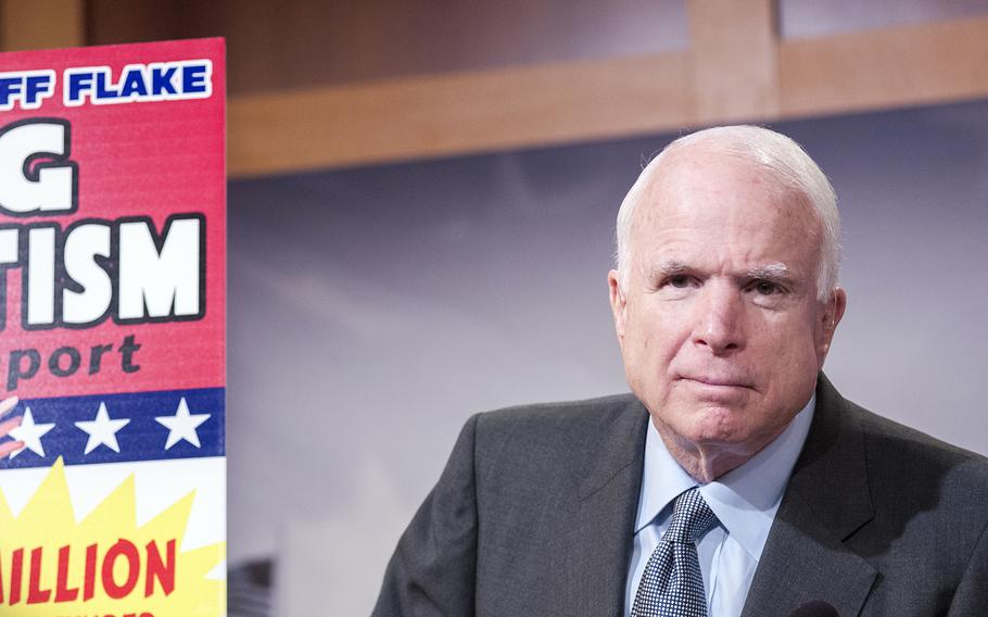 While attending a press event on Capitol Hill on Wednesday, Nov. 4, 2015, Sen. John McCain, R-Ariz., said he appreciates it when sports teams honor servicemembers, "but not to get paid for it." 