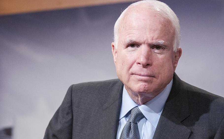 Sen. John McCain, R-Ariz., listens to a question during a press event on Capitol Hill on Wednesday, Nov. 4, 2015. During a Senate hearing Wednesday, Dec. 2, McCain noted that military pomotions typically are given "according to predictable schedules with only secondary consideration of merit."
