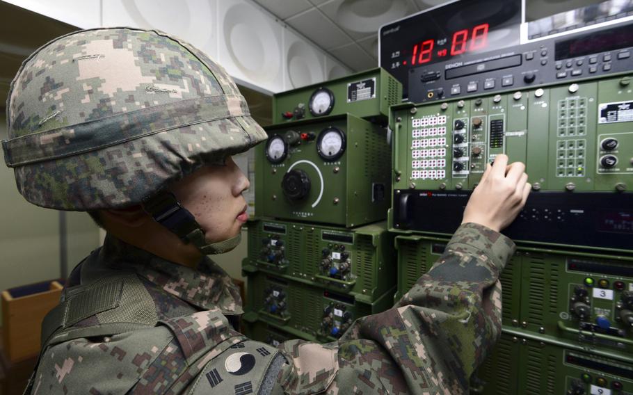 A South Korean soldier adjusts equipment used for propaganda broadcasts near the border between South Korea and North Korea Friday, Jan. 8, 2016. In response to North KoreaÕs latest nuclear test, South Korea has resumed blasts of propaganda and pop music across the Demilitarized Zone, which is likely to anger the North.