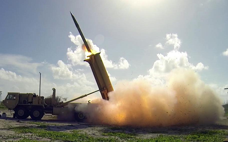 A Terminal High Altitude Area Defense (THAAD) interceptor is launched from a battery located on Wake Island during a flight operational test Nov. 1, 2015. The THAAD system successfully intercepted two air-launched ballistic missile targets during the test.