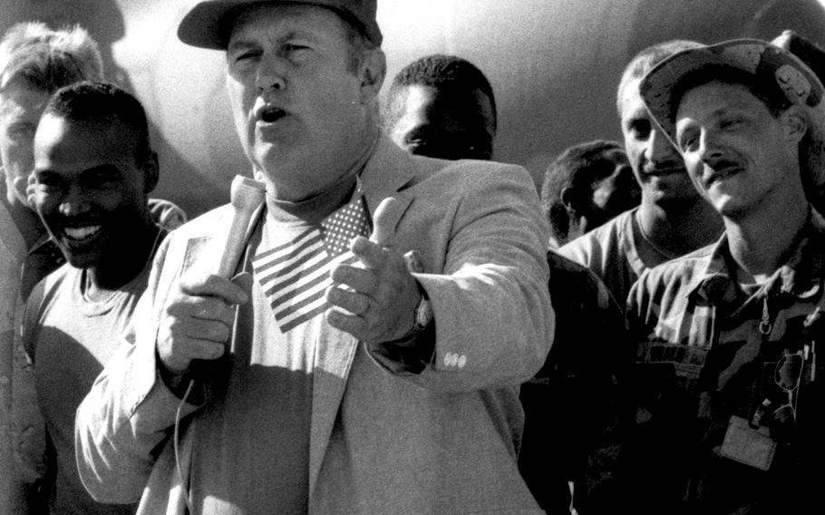 NBC-TV weatherman Willard Scott broadcasts from Dhahran Air Base in Saudi Arabia during Operation Desert Shield in November, 1990.