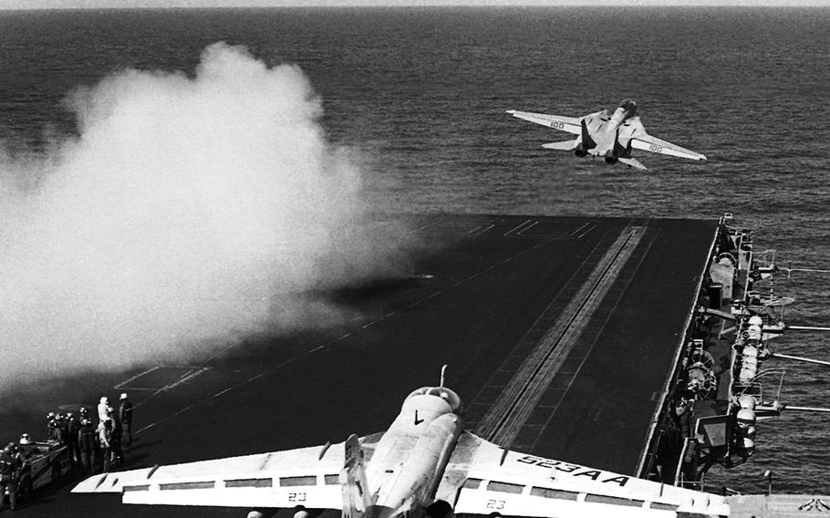 A Navy jet takes off from the USS Saratoga in November, 1990 during Operation Desert Shield, the prelude to the Gulf War.