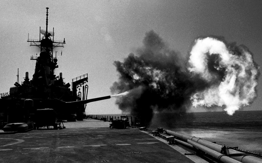 A fireball erupts from a 16-inch gun on the USS Wisconsin during an exercise in the Persian Gulf in October, 1990. The Wisconsin, which had been decommissioned in 1958 after seeing action in World War II and the Korean conflict, was returned to service with capabilities for launching Tomahawk missiles in 1988. Following the Gulf War, it was again decommissioned on September 30, 1991.