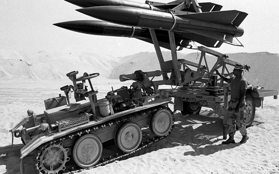 A Marine from the 2nd Light Anti-aircraft Missile Battalion checks out a Hawk missile battery in eastern Saudi Arabia during Operation Desert Shieldin October, 1990. Several batteries of the Hawks — which were best-equipped for low-altitude targets, while the Patriot missiles were geared toward high-altitude targets — were positioned throughout the Arabian Peninsula as a defense against Iraqi air attacks on U.S. forces.