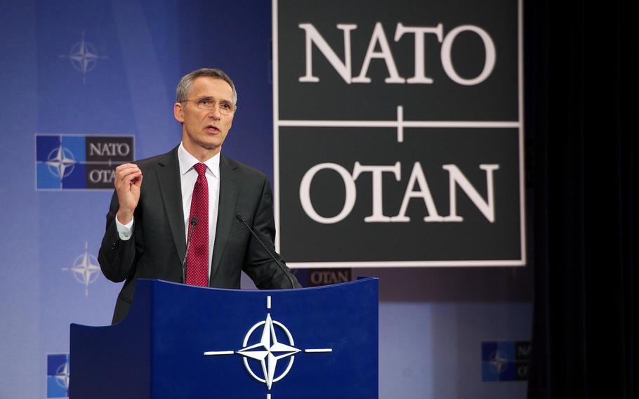 NATO Secretary-General Jens Stoltenberg briefs the media at NATO headquarters in Brussels, Belgium, Tuesday, Feb. 9, 2016 on the topics of this week's Defense Ministers meeting.