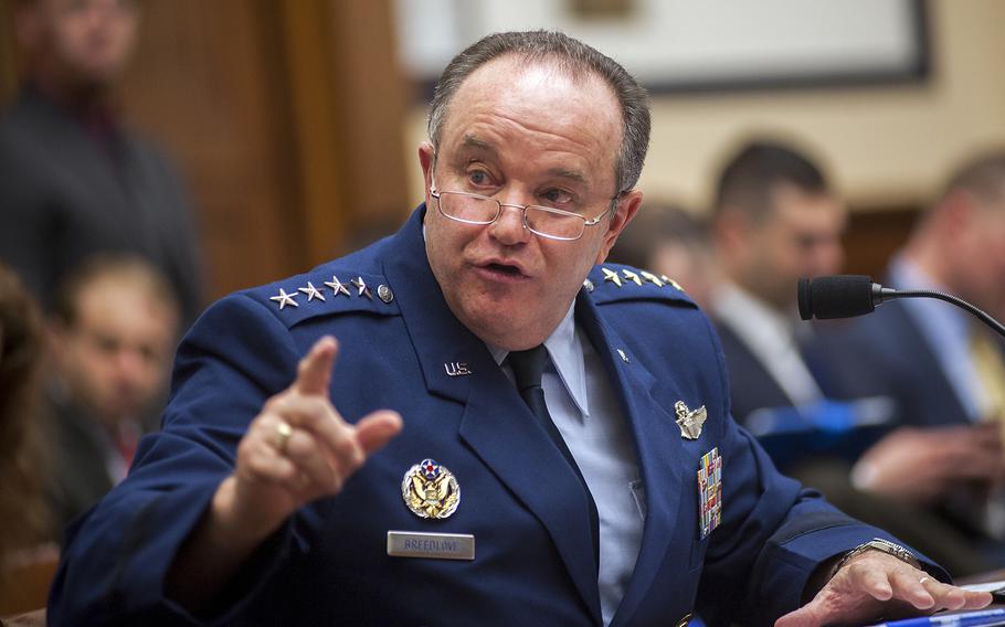 Gen. Philip Breedlove, commander of the Supreme Allied Command Europe and the U.S. Europe Command, points to a map of Europe as he testifies before the House Armed Services Committee on Capitol Hill in Washington, D.C., on Thursday, Feb. 25, 2016.