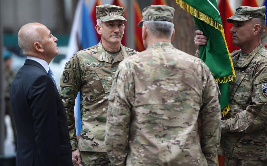 Gen. John W.''Mick'' Nicholson assumes command of NATO's Resolute Support Mission and U.S Forces-Afghanistan from Gen. John F. Campbell on Wednesday, March 2, 2016. Nicholson on May 25, 2016 warned that Afghan civilians who assisted the American-led coalition as interpreters, firefighters and construction workers are in danger of being harmed or killed by the Taliban if Congress cancels a program that allows them to resettle in the United States.