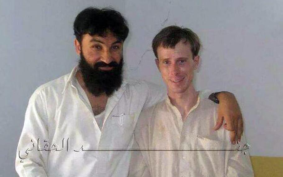 Army Sgt. Bowe Bergdahl is shown with Badruddin Haqqani in a Twitter post.