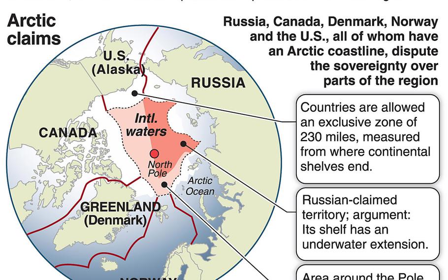 A map of the Arctic shows different claims by neighboring countries; Russia has announced plans to set up a military force to protect its interests in the Arctic.