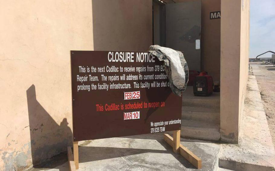 "People of the Deid," a Facebook group whose members have been to Al Udeid Air Base in Qatar, posted this photo showing bathroom and shower facilities at the air base closed for repairs.