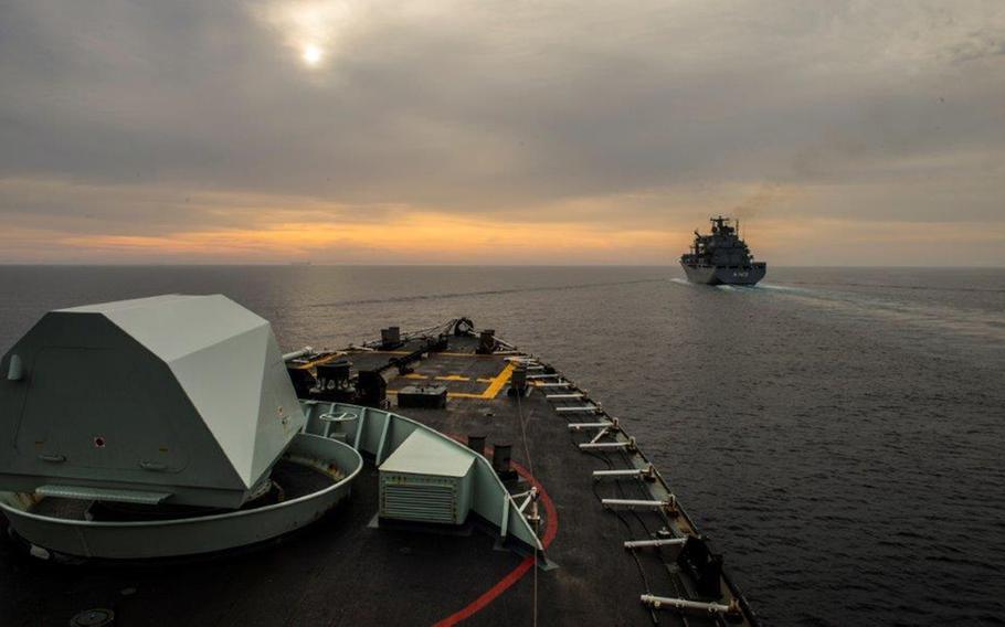 Units of Standing NATO Maritime Group 2 conduct drills as part of NATO's participation in the international efforts to cut the lines of illegal trafficking and illegal migration in the Aegean Sea, Feb. 20, 2016.
