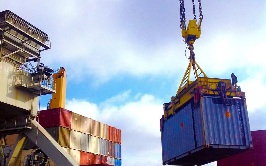 In late February, the Army released this photo of a crane offloading containers full of ammunition in Nordenham, Germany, the largest ammo shipment to Europe in 10 years. Although some questioned the operational security risks involved in such an announcement, U.S. Army Europe officials say such messages are part of the mission to assure allies and deter aggression.