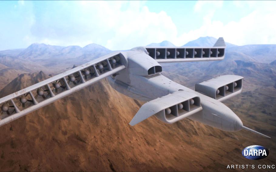 An artist's concept of the Defense Advanced Research Projects Agency's VTOL Experimental Plane (VTOL X-Plane). The unmanned aircraft is designed for vertical takeoff and landing combined with speed.