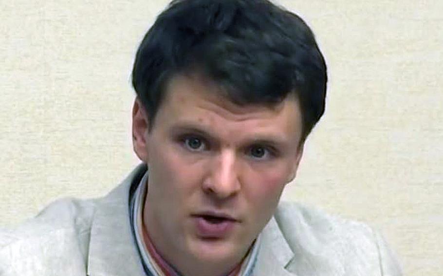 A video screen grab shows University of Virginia student Otto Warmbier speaking in Pyongyang, North Korea.