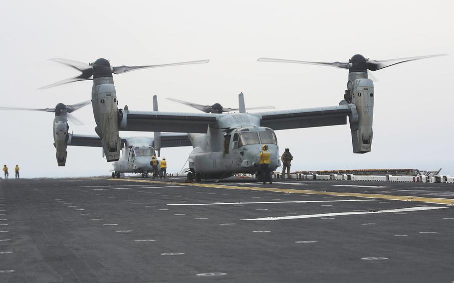 MV-22B Ospreys with Marine Medium Tiltrotor Squadron 162, 26th Marine Expeditionary Unit (MEU) prepare to take-off aboard the amphibious assault ship USS Kearsarge March 4, 2016.