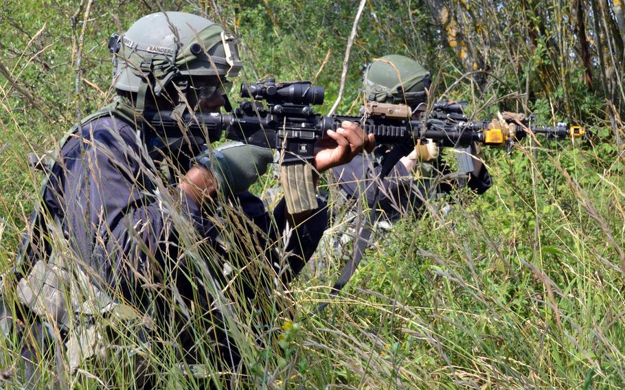U.S. soldiers from 1st Battalion, 121st Infantry Regiment, 48th Brigade Combat Team, Georgia Army National Guard, take part in exercise Allied Spirit II at the U.S. Army's Joint Multinational Readiness Center in Hohenfels, Germany, Aug. 13, 2015.