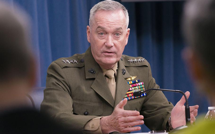 U.S. Marine Gen. Joseph F. Dunford Jr., chairman of the Joint Chiefs of Staff, answers questions during a press conference at the Pentagon, Mar. 25, 2016.