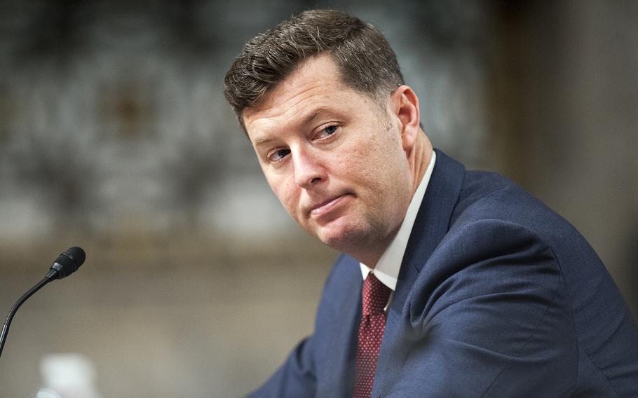 Acting Secretary of the Army Patrick Murphy listens to testimony during a Senate Committee on Armed Services hearing on Capitol Hill in Washington, D.C. on Thursday, April 7, 2016.