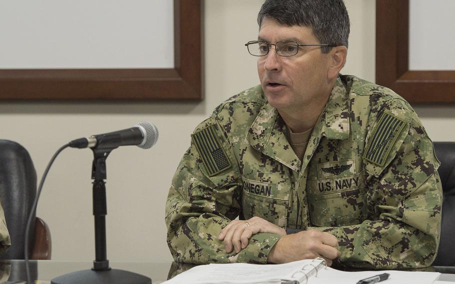 Commander of U.S. Naval Forces Central Command Vice Adm. Kevin Donegan answers questions about this year's International Mine Countermeasures Exercise during a press conference in Bahrain April 9, 2016. 