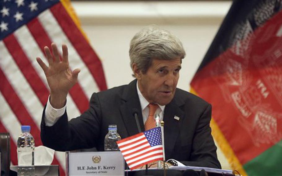 U.S. Secretary of State John Kerry speaks during a joint conference with Afghan Foreign Minister, Salahuddin Rabbani, in Kabul, Afghanistan, Saturday, April 9, 2016. Kerry hoped a brief stop Saturday in Afghanistan would help promote cooperation from a would-be "unity" government that has proved largely incapable of running the country less than two years after he worked to install the leadership team.