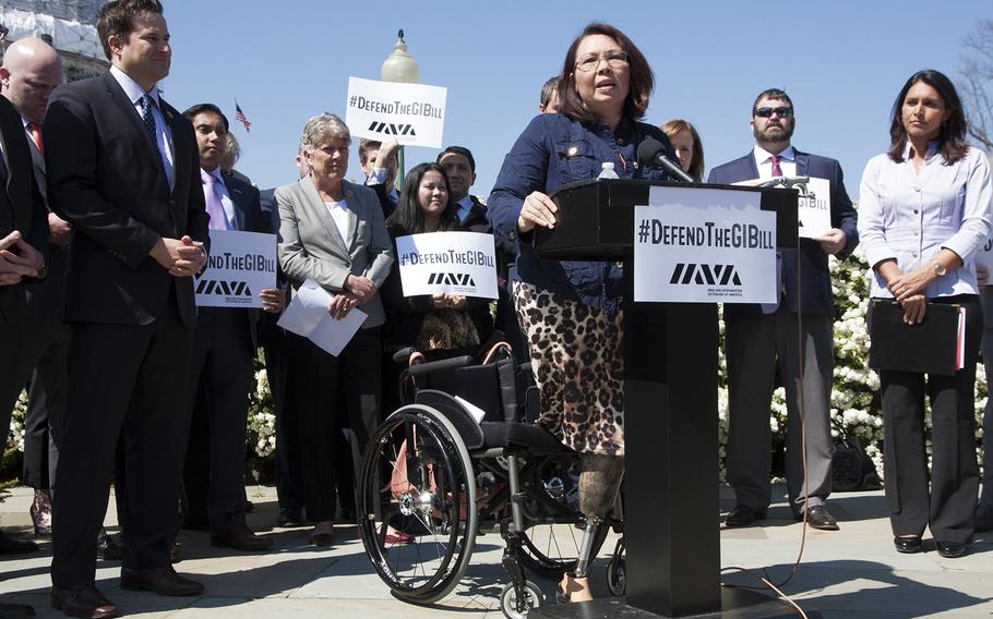 Rep. Tammy Duckworth speaks passionately about the G.I. Bill during a press conference on April 14, 2016, near the Capitol Building. 