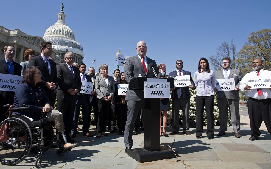Paul Reickhoff, founder of Iraq and Afghanistan Veterans of America, speaks passionately about defending the G.I. Bill during a press conference on April 14, 2016, near the Capitol Building. 