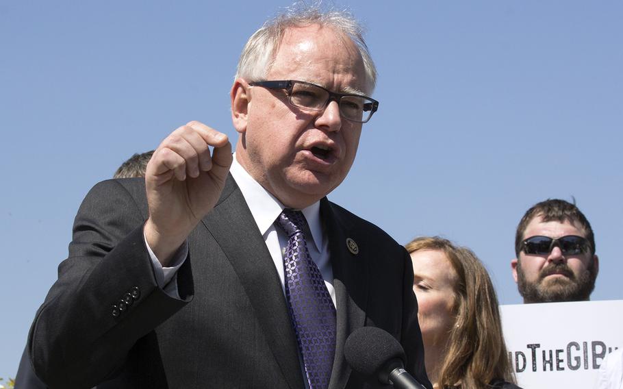Rep. Tim Walz speaks passionately about defending the G.I. Bill during a press conference on April 14, 2016, near the Capitol Building. 