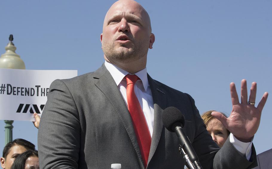 Paul Reickhoff, founder of Iraq and Afghanistan Veterans of America, speaks passionately about defending the G.I. Bill during a press conference on April 14, 2016, near the Capitol Building. 