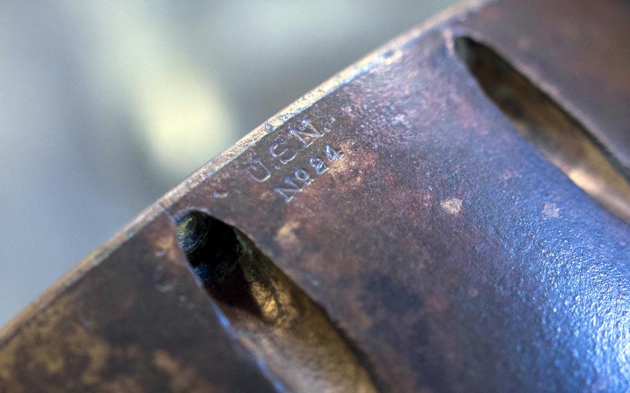 An identification marking the Howell Torpedo No. 24 discovered by Navy dolphins off the coast of San Diego in 2013. 
