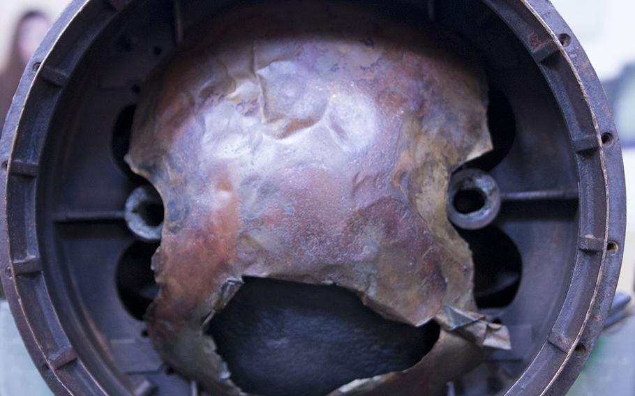 The interior of the middle section of Howell Torpedo No. 24 discovered by Navy dolphins off the coast of San Diego in 2013. 