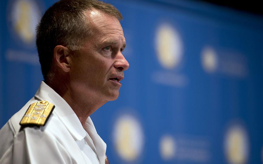 Adm. Sandy Winnefeld, vice chairman of the Joint Chiefs of Staff, delivers opening remarks at a sexual assault prevention panel held at the United States Navy Memorial in Washington in July 2013.