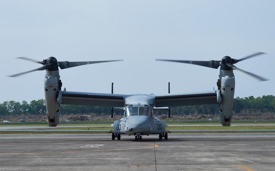 A U.S. MV-22 Osprey tilt-rotor aircraft lands at Camp Takayubaru in Kumamoto, Japan, on Wednesday, April 20, 2016. Civilian workers and their families are being asked to move to make room for military personnel as Yokota Air Base prepares for the arrival of a squadron of the aircraft.