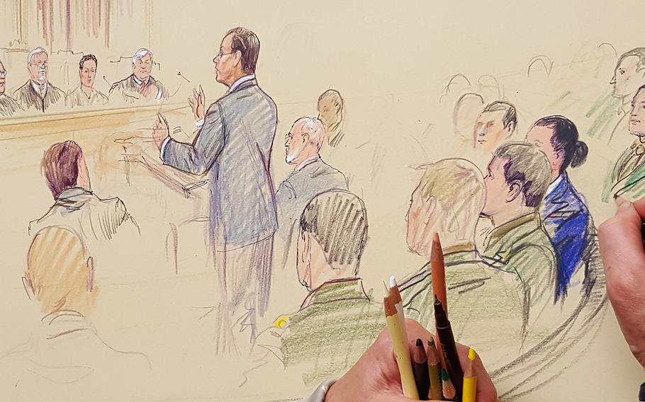 A sketch artist renders arguments during a hearing Wednesday at the U.S. Court of Appeals for the Armed Forces on religious freedom in the military. The case involves a Marine lance corporal who disobeyed orders to remove signs bearing a defiant religious quotation from her desk.
                photographed by Dianna Cahn 4/27/2016