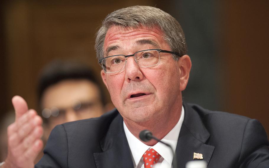 Defense Secretary Ash Carter testifies on Capitol Hill in Washington, D.C., before the Senate appropriations subcommittee for defense on Wednesday, April 27, 2016.